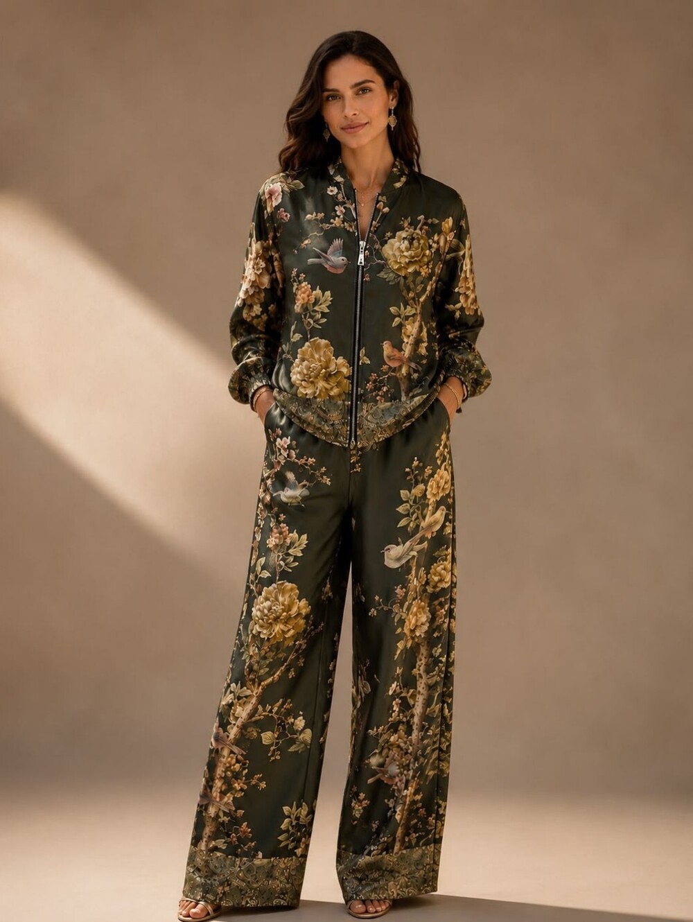 Made In Italy Viscose Rayon Floral Bird Jacket Panrs Set
